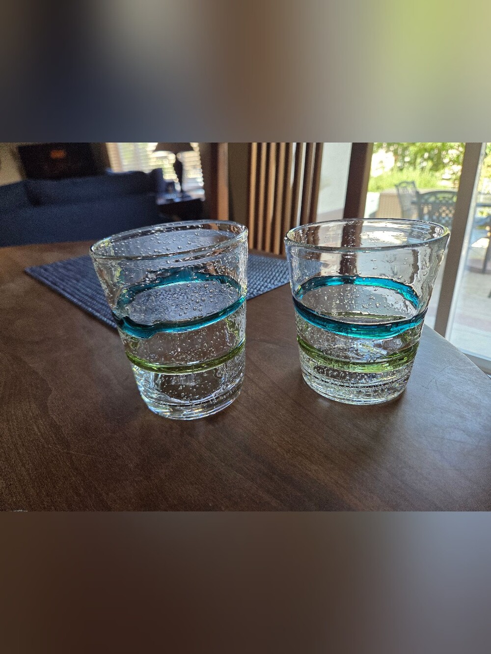 Pier 1 Pattern P1C22 Mexican Bubble Glasses (2) With Aqua & Green Stripe